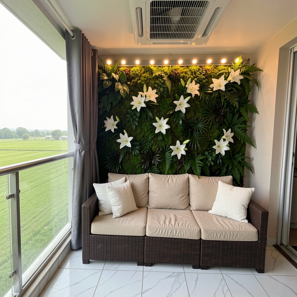 Jardim vertical com musgo preservado e folhagens variadas em painel na varanda, luz natural suave