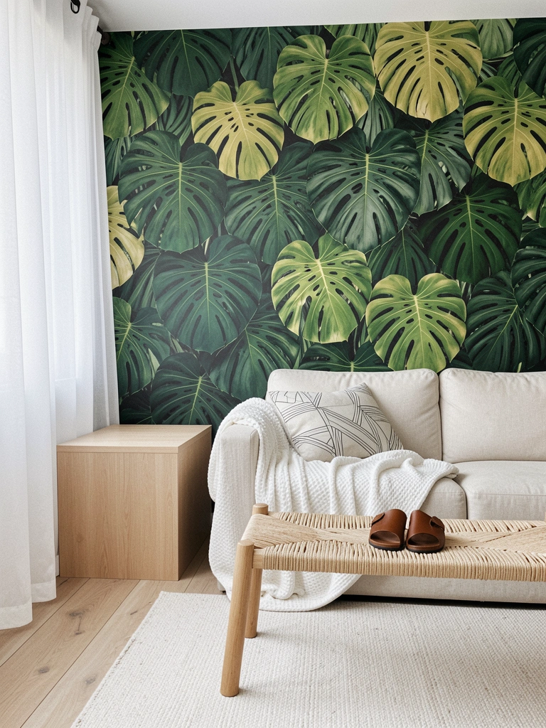 Canto de sala com parede decorada por adesivo de folhagem, próximo a um vaso de planta e um móvel de madeira