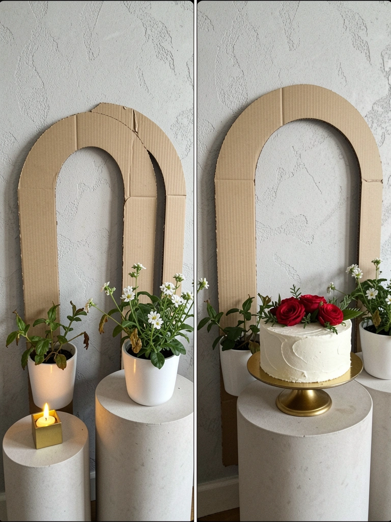 Painel romano vazado em madeira clara na parede de uma sala, com sofá cinza e plantas ao fundo
