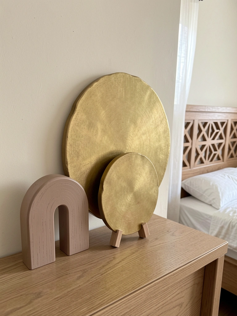 Quarto com painel romano vazado como cabeceira, iluminação suave e tons neutros