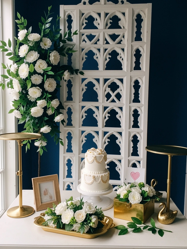 Painel romano vazado decorado com flores e luzes em festa, pessoas ao fundo