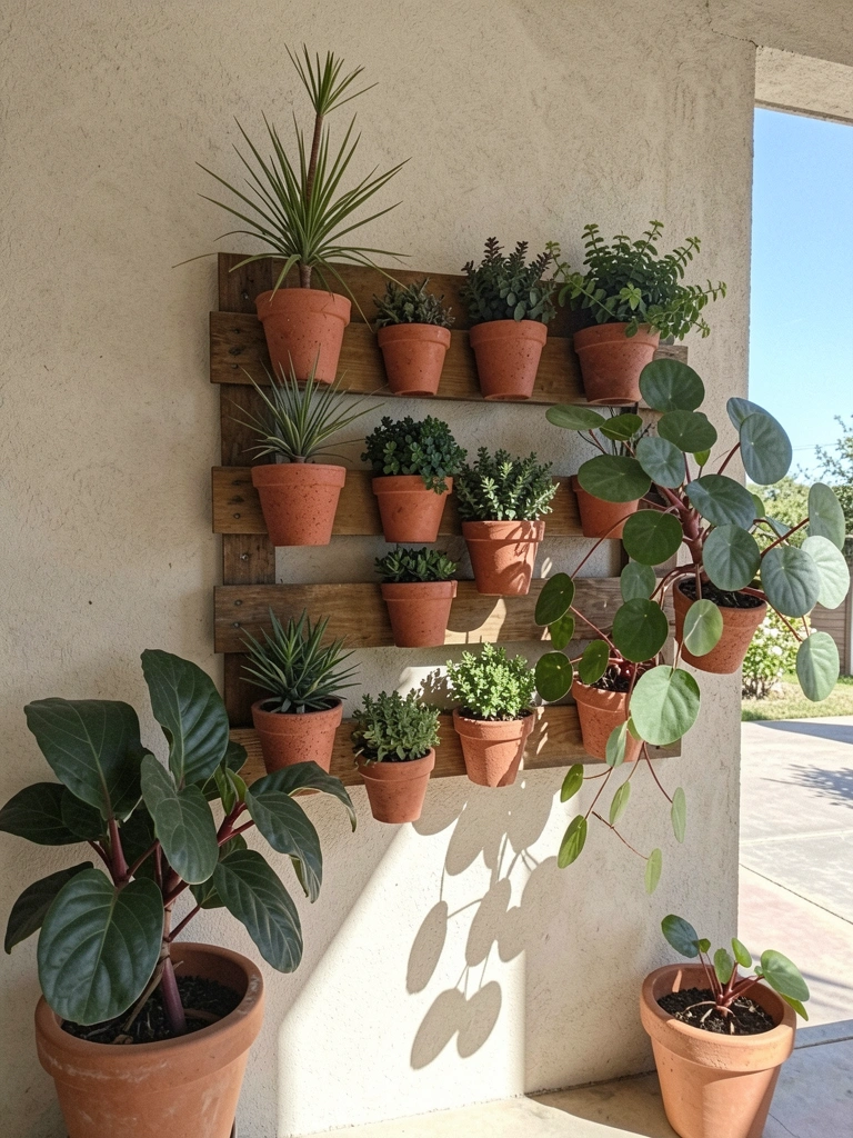 Parede de sala com prateleiras de plantas e quadro vivo, iluminada por luz natural