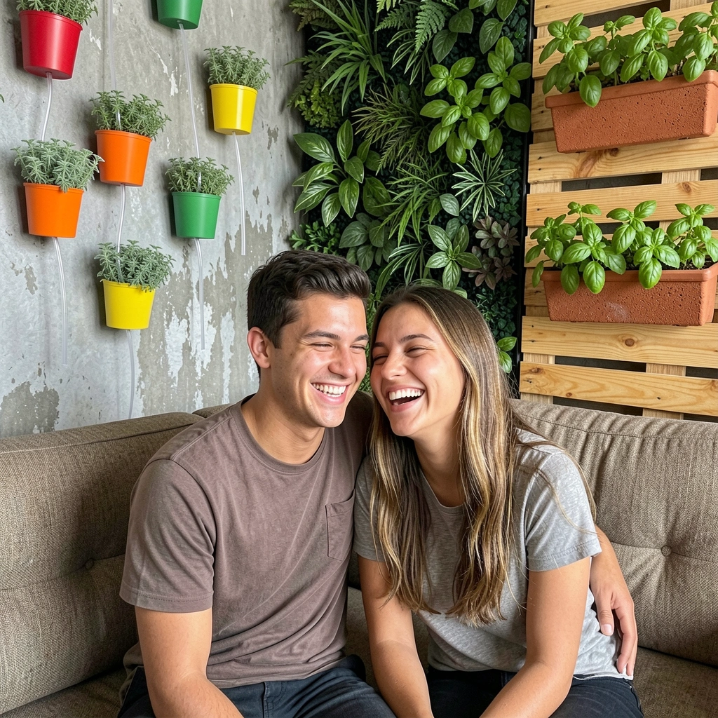 Casal sentado em sofá cinza diante de parede verde com plantas