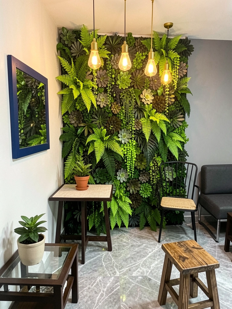 Parede verde com plantas em um apartamento compacto, sofá e mesa de centro ao fundo