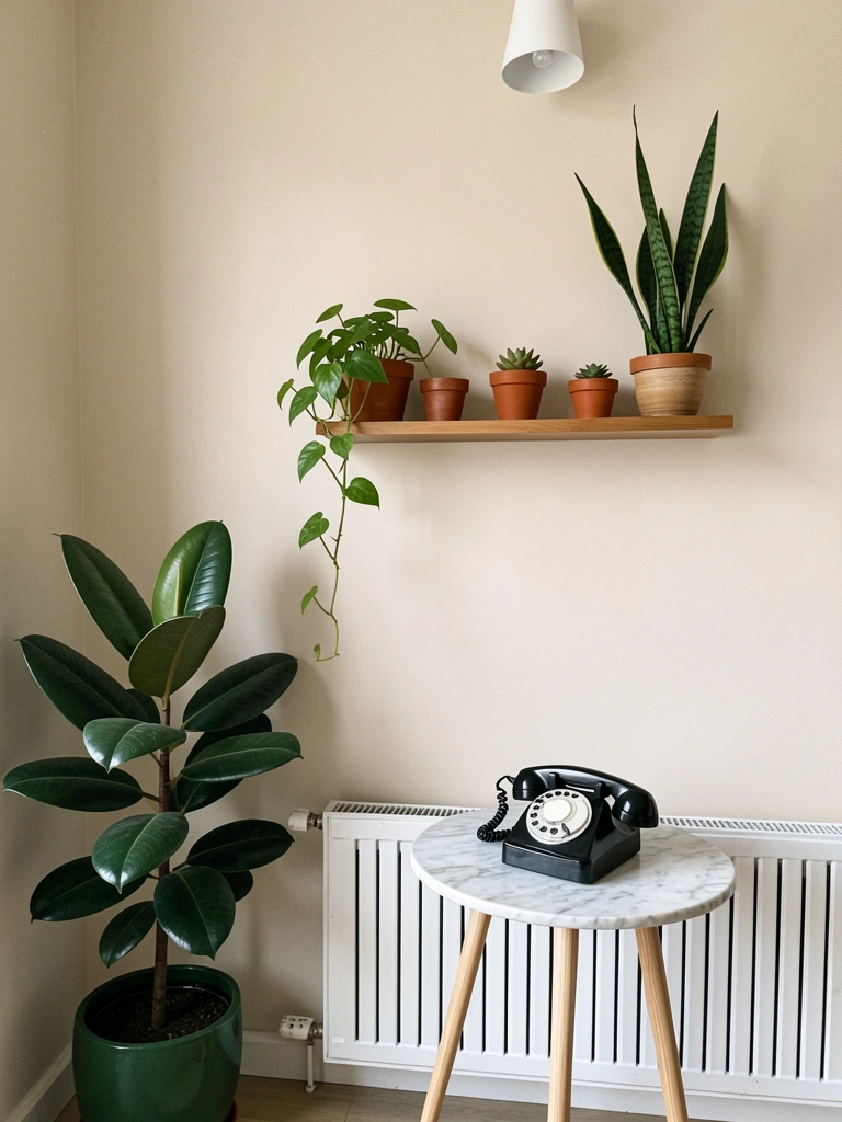 Prateleiras de madeira na parede com vasos de plantas variados