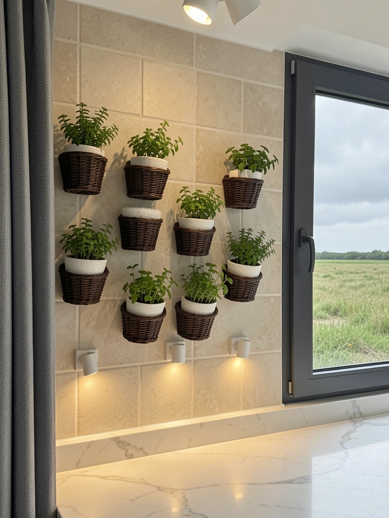Vasos autoadesivos com plantas presos em azulejos brancos de cozinha