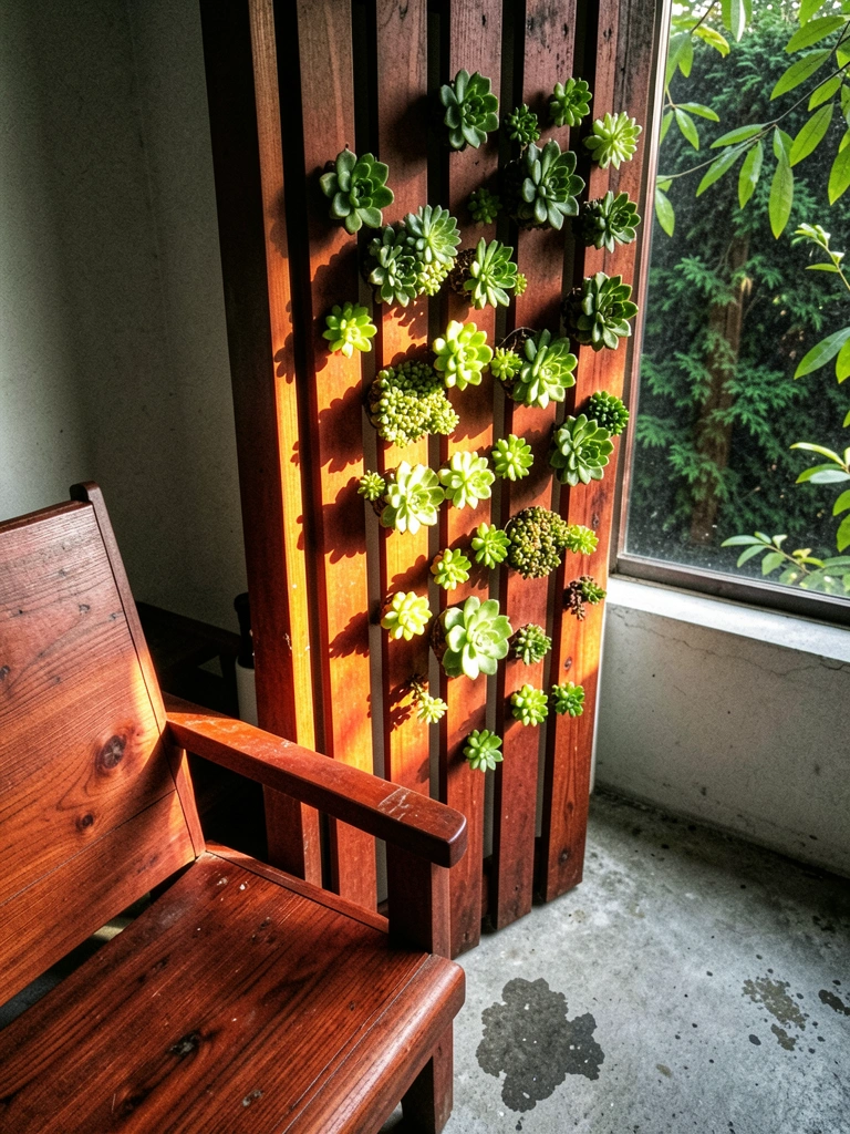 Painel vertical com diversas suculentas fixado em parede clara, próximo a uma janela com luz natural.