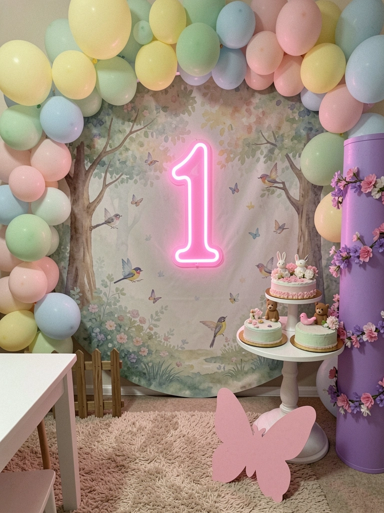 Colagem de fotos de quarto infantil e festa com tema de fadas, incluindo cama com dossel, balões e mesa de doces.