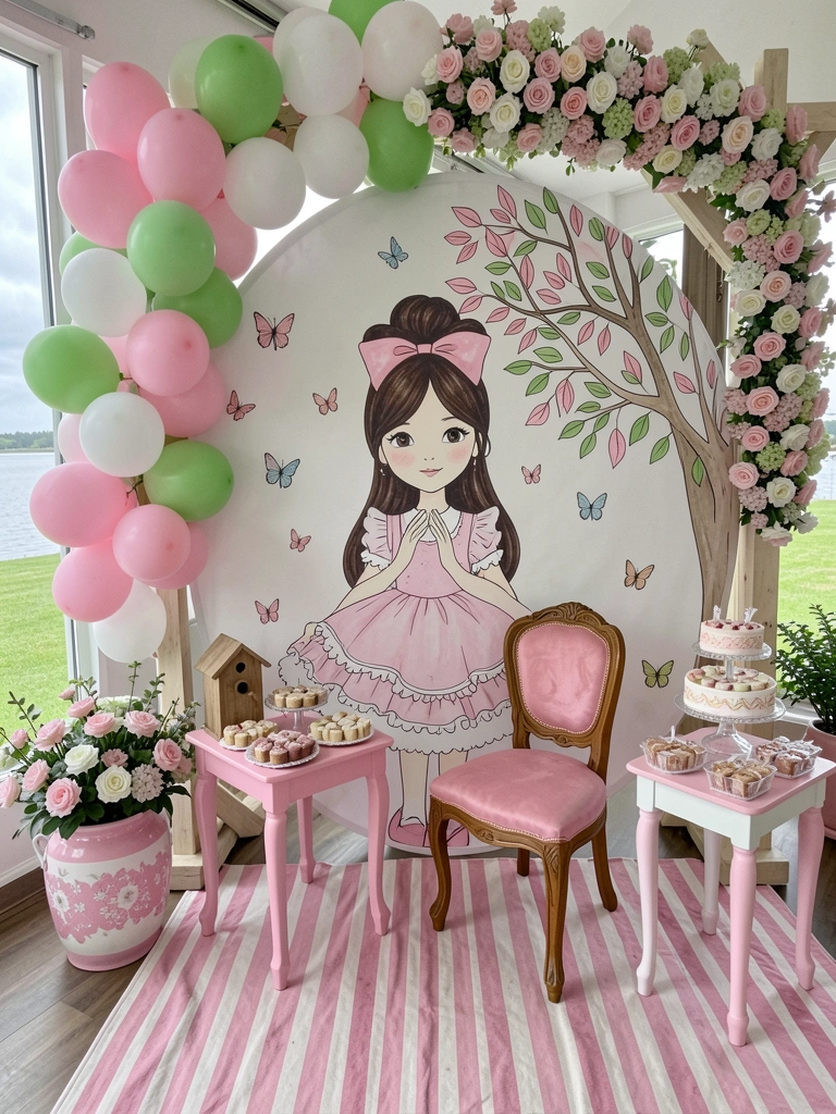Sala de estar com sofá rosa, plantas e arco de flores na parede