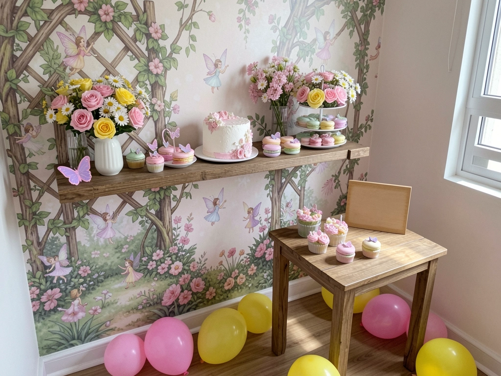 Papel de parede adesivo com fadas em parede clara, prateleira de madeira com livros e vaso de planta