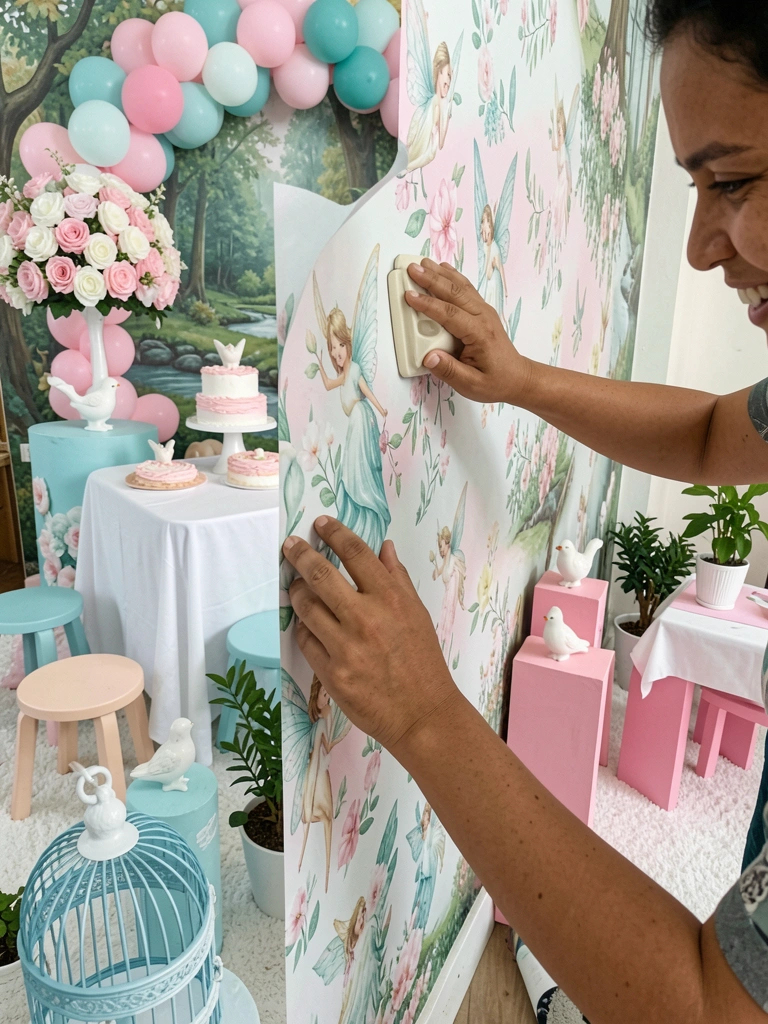 Mãos aplicando papel de parede adesivo com estampa de fadas e flores em uma parede clara