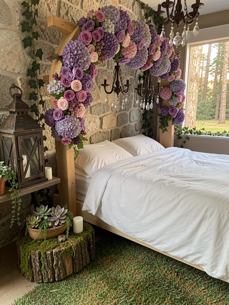 Arco de flores secas sobre cama com prateleira contendo mini-jardim