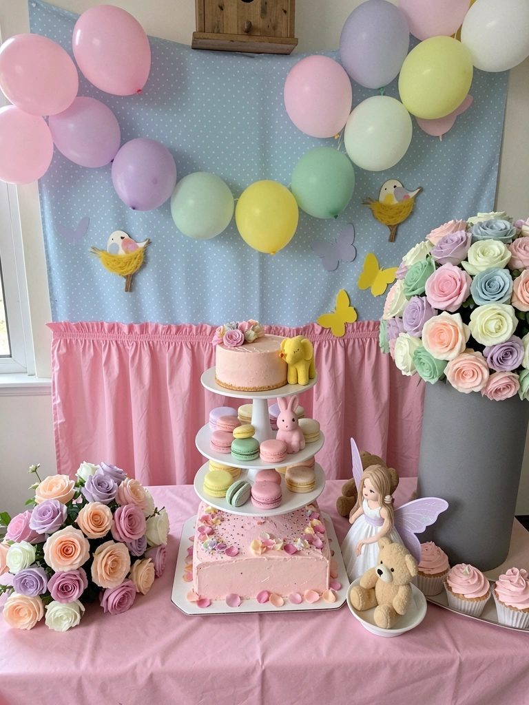 Paleta de cores pastel com rosa, lilás, verde-água e branco, ao lado de uma fada