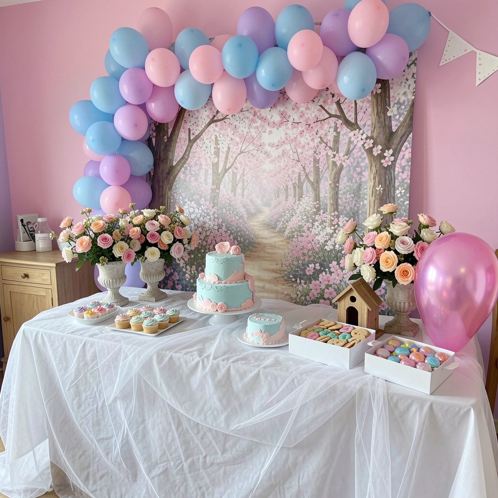 Sala com paredes em tom pastel, móveis de madeira clara e flores naturais em vasos