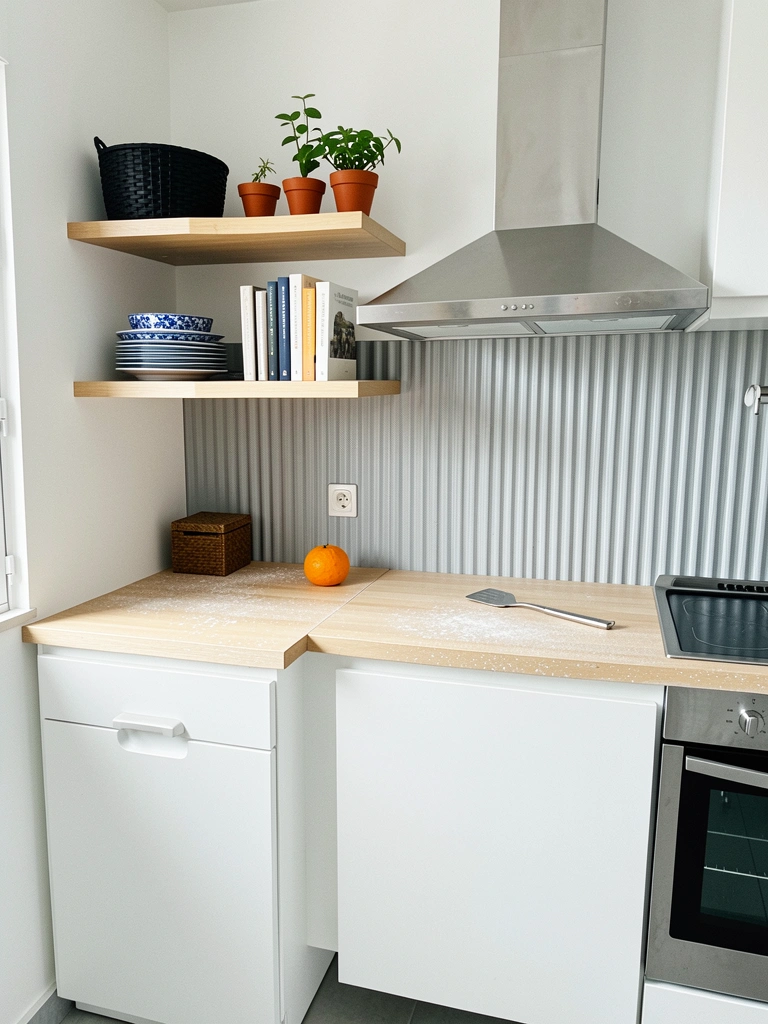 Cozinha compacta clara com bancada organizada, plantas e utensílios à mostra, luz natural