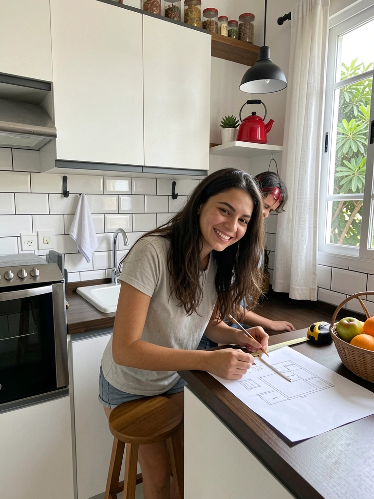 Mão desenhando layout de cozinha em papel com fita métrica ao lado