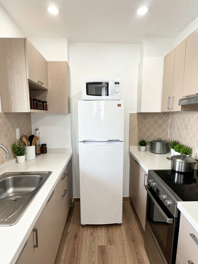 Cozinha compacta com paredes brancas, armários bege e bancada clara
