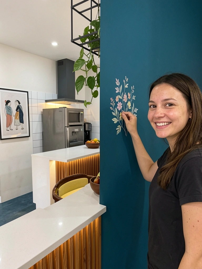 Mulher aplicando adesivo floral em parede de cozinha pequena