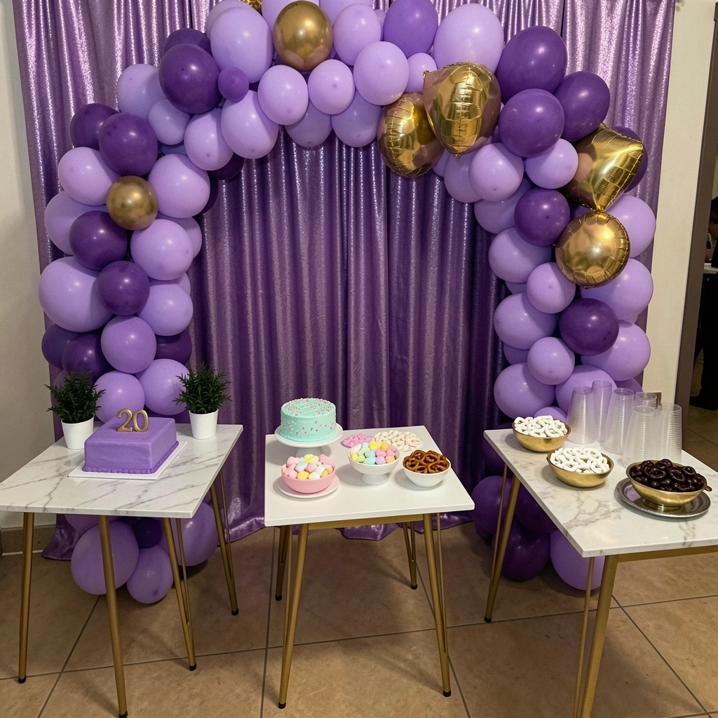 Mesa de festa com balões roxos e bolo decorado com glacê roxo