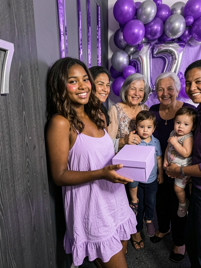 Grupo de pessoas sorrindo em festa decorada com balões e toalha de mesa roxos.