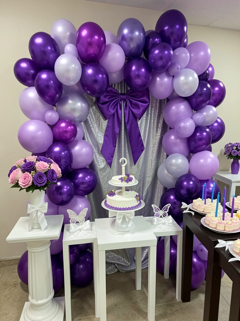 Mesa de festa com toalha roxa, arranjo de flores brancas e laços decorativos
