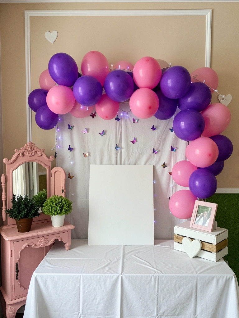 Painel com bexigas roxas e pink vibrantes