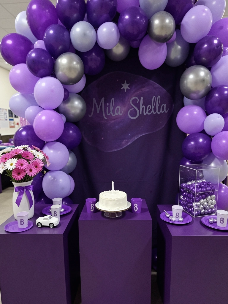 Mesa de bolo decorada com enfeites roxos variados, incluindo balões e laços