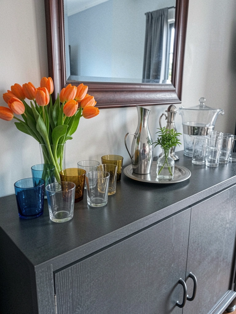 Aparador com espelho redondo e vasos decorativos em tons neutros