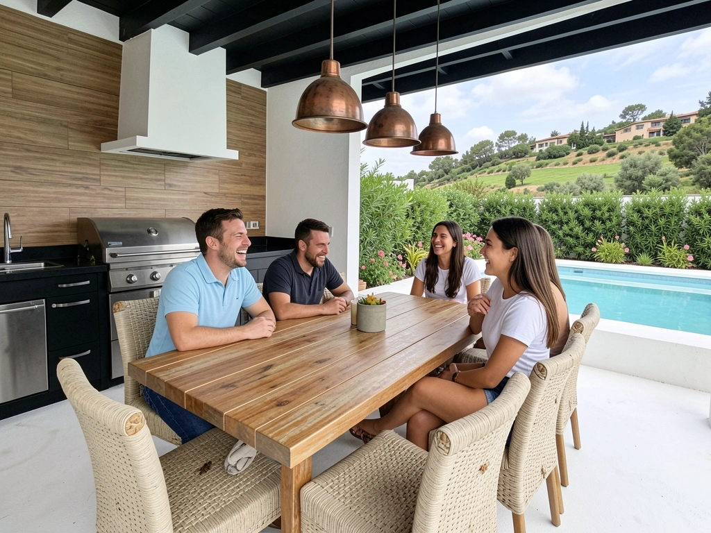 Família reunida em área gourmet moderna com churrasqueira ao fundo, clima festivo