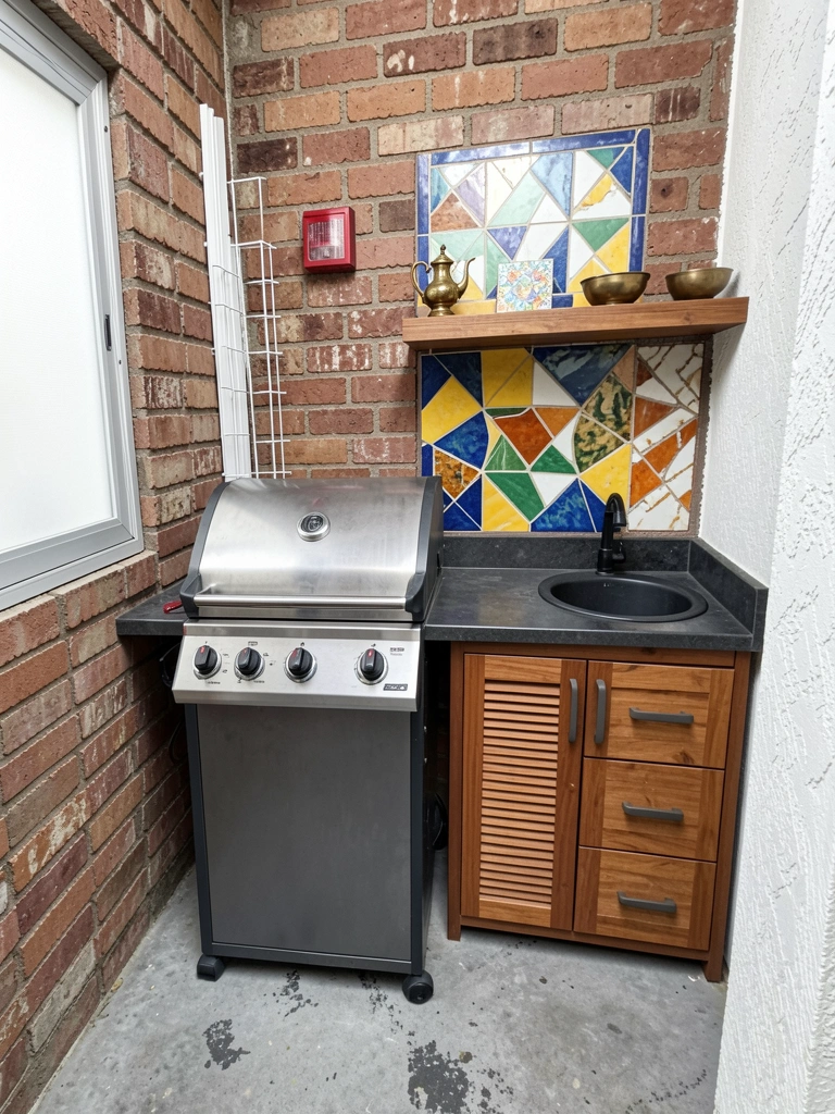 Churrasqueira a gás com botões de controle e grelha de inox, em ambiente gourmet
