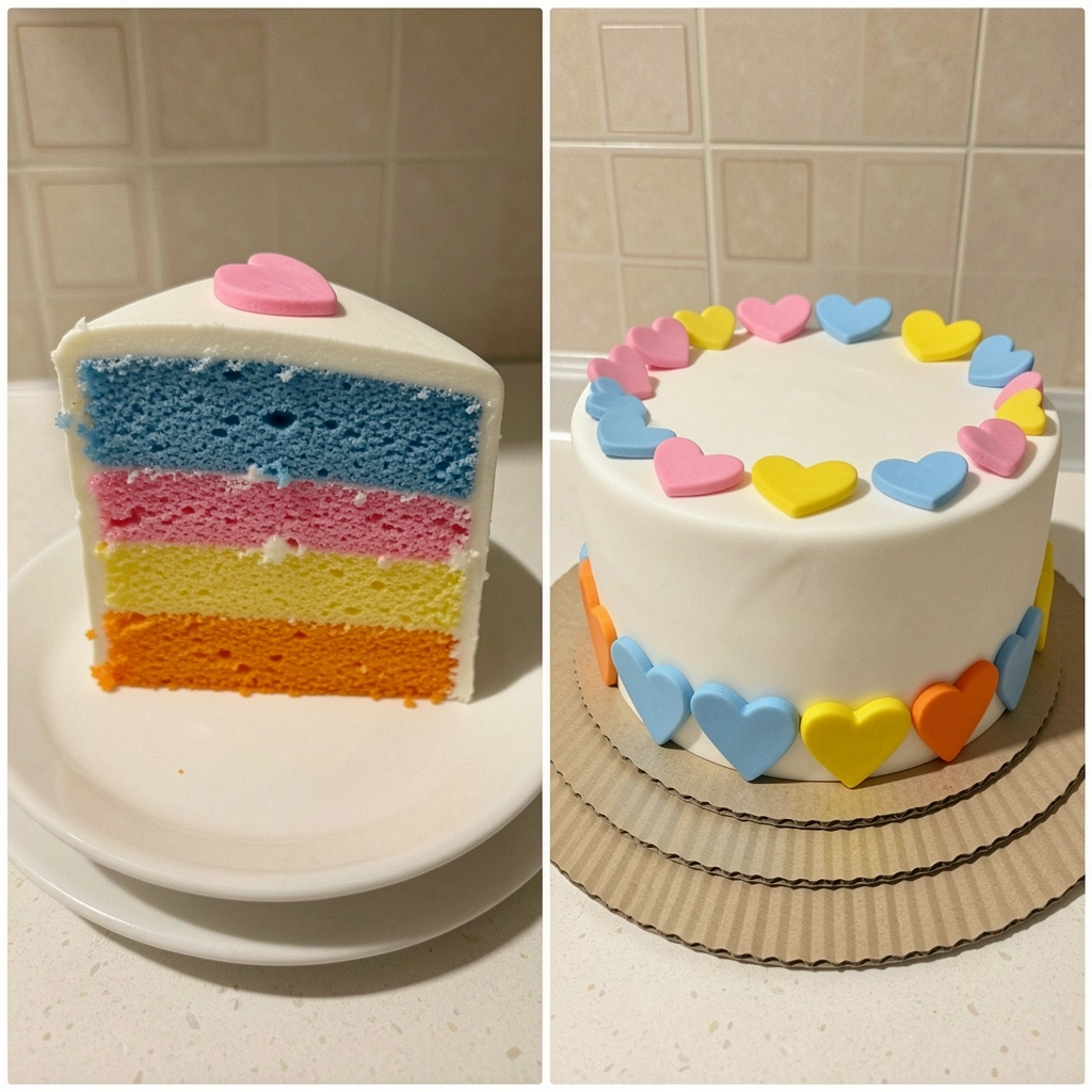 Bolo branco liso decorado com corações coloridos em pasta americana sobre uma mesa clara.