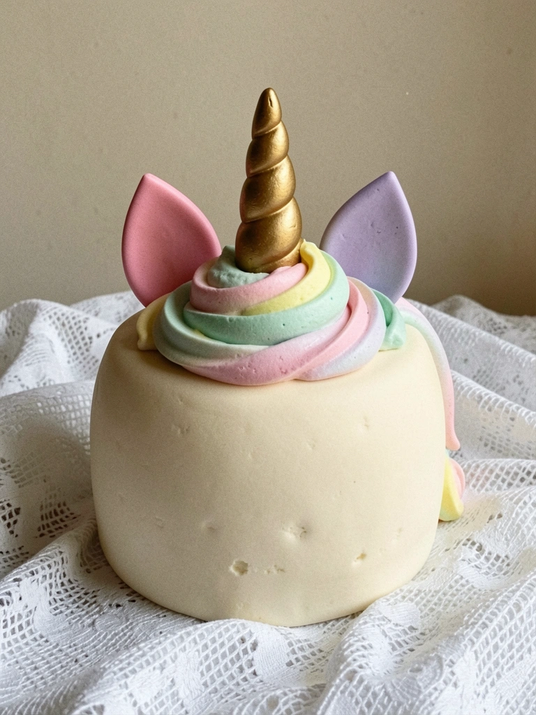 Bolo de unicórnio com chifre dourado e orelhas coloridas sobre suporte branco