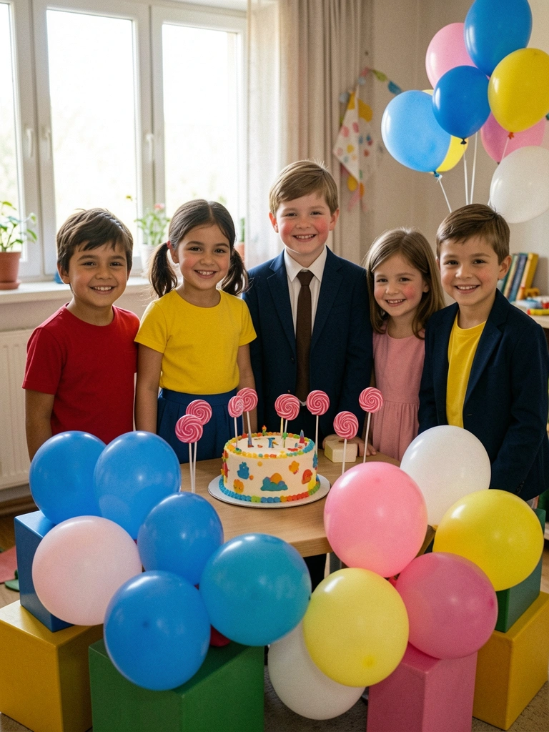 Crianças ao redor de uma mesa de festa com bolo decorado com tema infantil