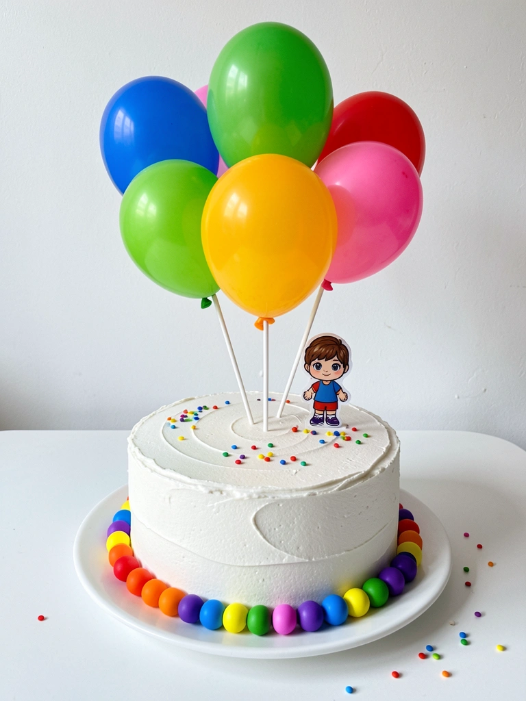 Topo de bolo de personagem infantil ao lado de confeitos coloridos