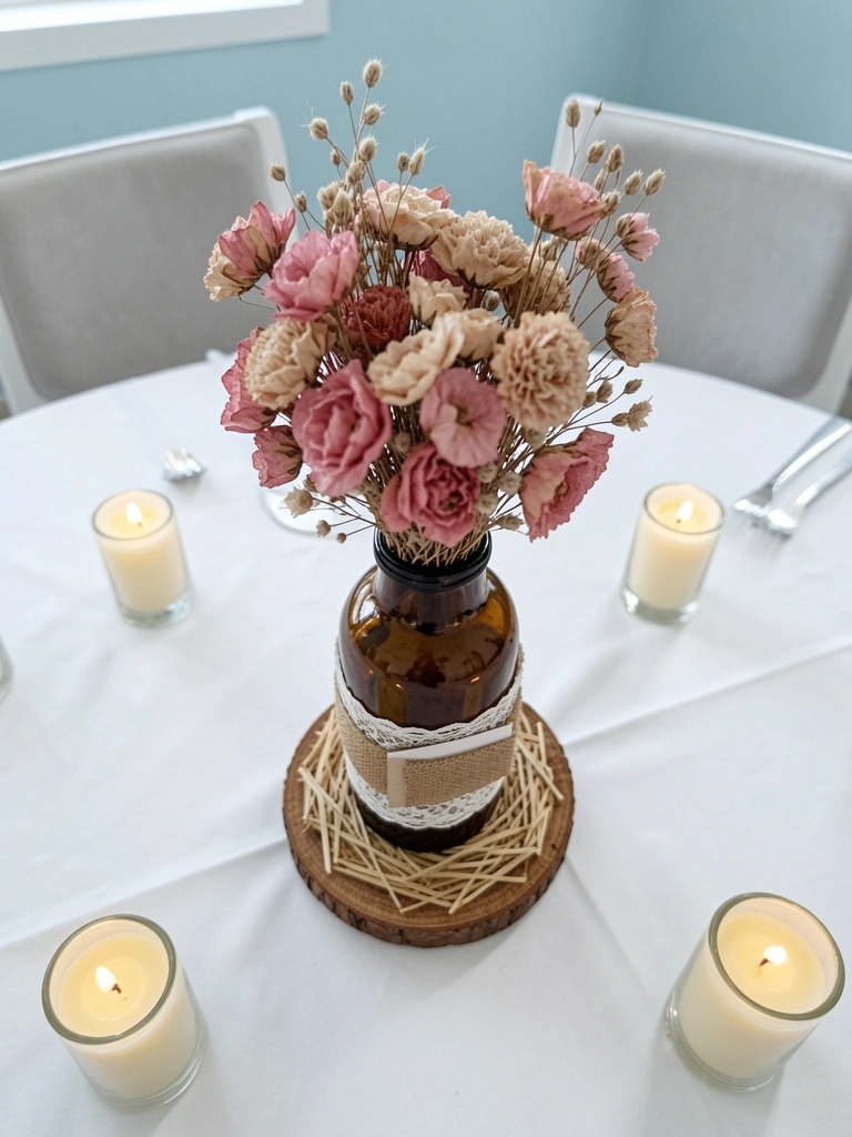 Mesa de casamento vista de cima com arranjo de flores e velas acesas