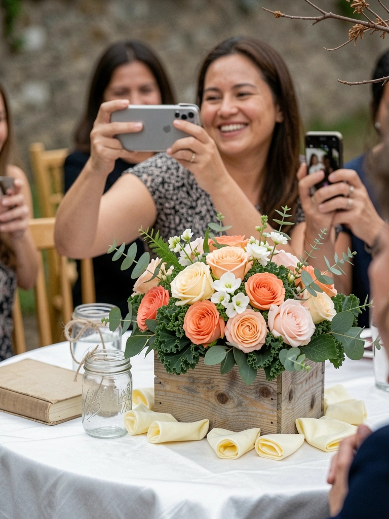 Convidados fotografando centro de mesa em casamento ao ar livre