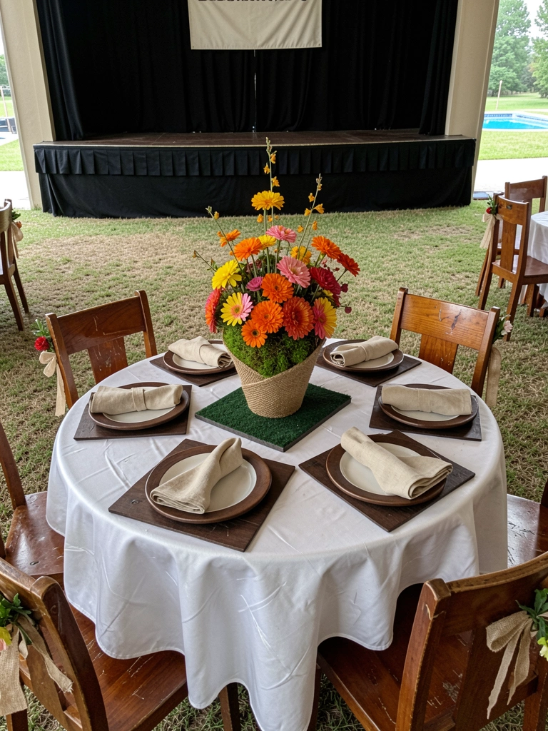 Salão de festas com mesas redondas, cadeiras com laços e centro de mesa floral