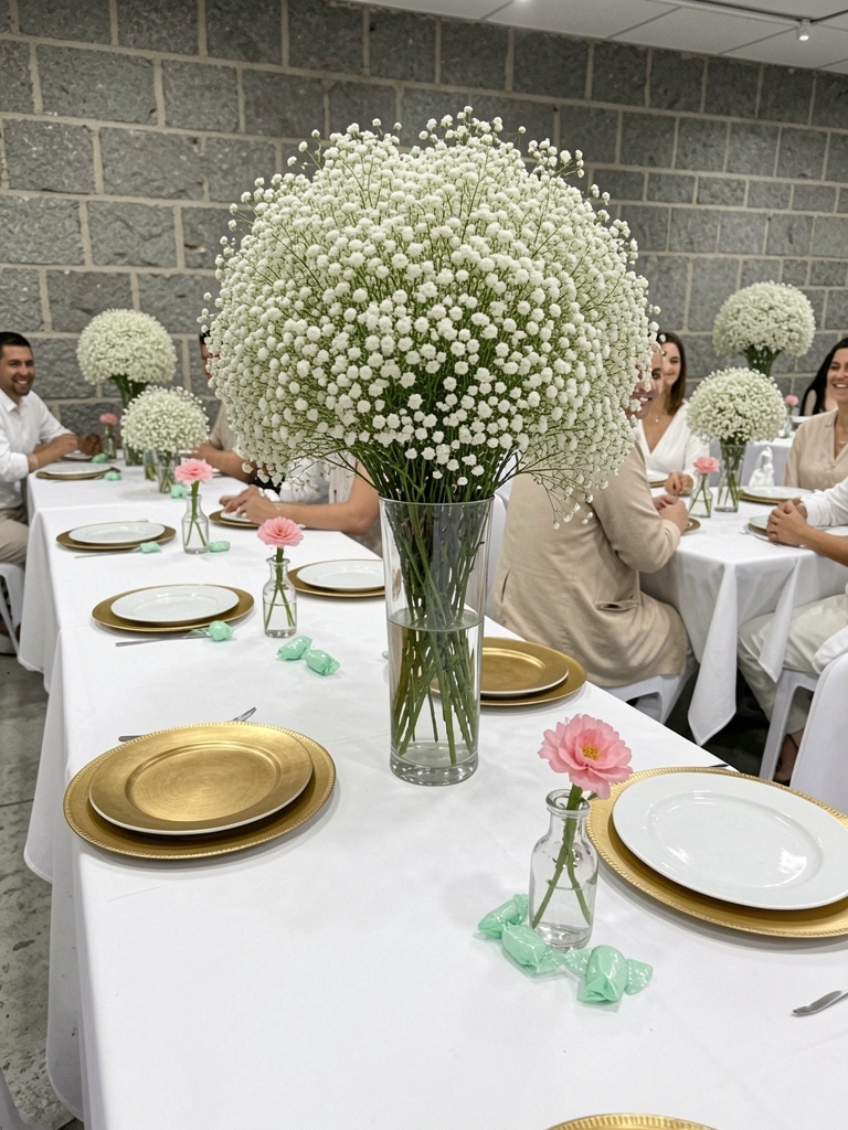 Colagem com diferentes estilos de centros de mesa para casamento, incluindo arranjos florais, velas e elementos rústicos.