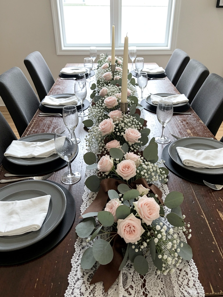 Mesa decorada com velas, rendas e flores cor-de-rosa