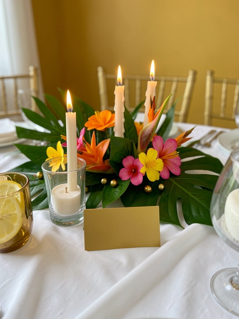 Centro de mesa com folhagens tropicais e flores nativas vibrantes