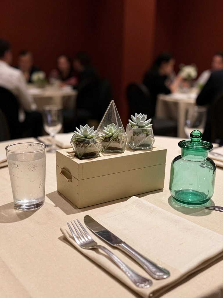 Centro de mesa com suculentas em vasos geométricos brancos sobre superfície clara