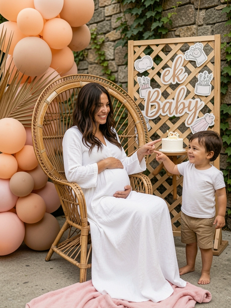 Mãe e filho apontando para desenhos e painel decorativo