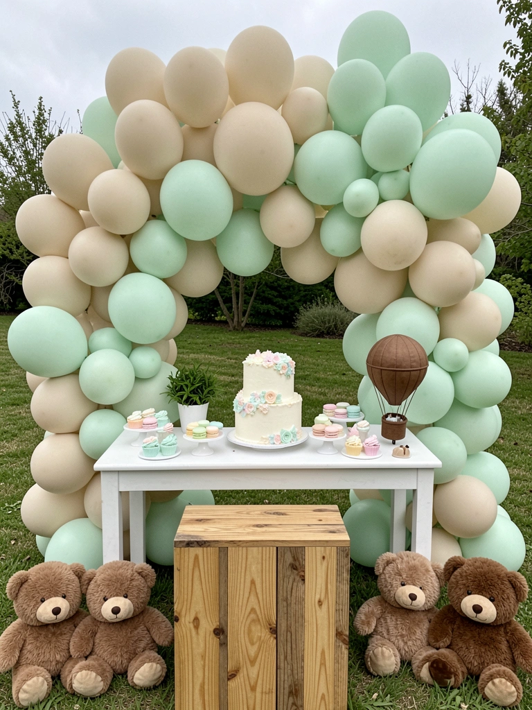 Mesa de madeira com balões bege e verde-menta, detalhes decorativos