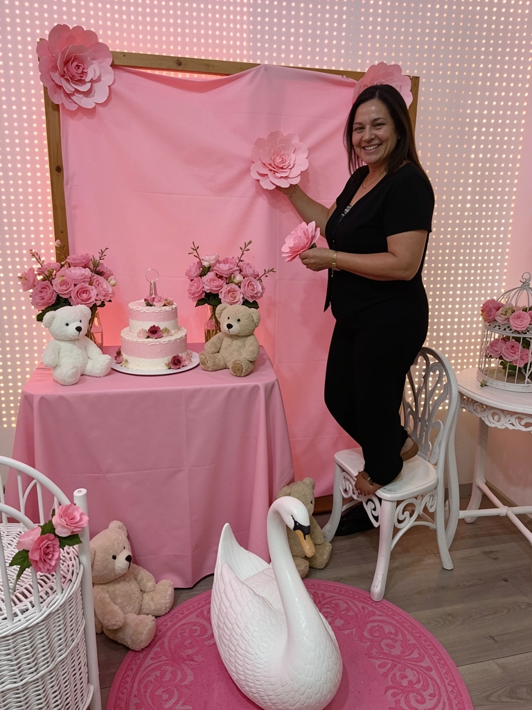 Mulher montando painel decorativo com TNT e flores de papel em ambiente interno