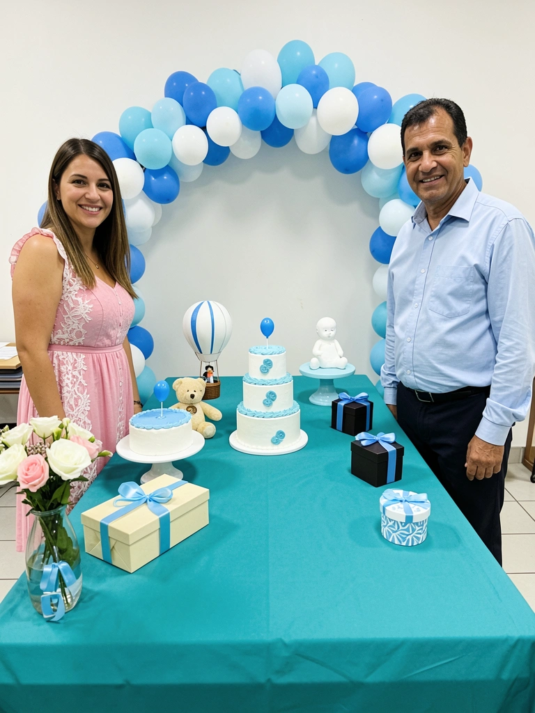 Mãos femininas dobrando um pedaço de TNT branco sobre uma mesa de madeira, com tesoura e fita adesiva ao lado.