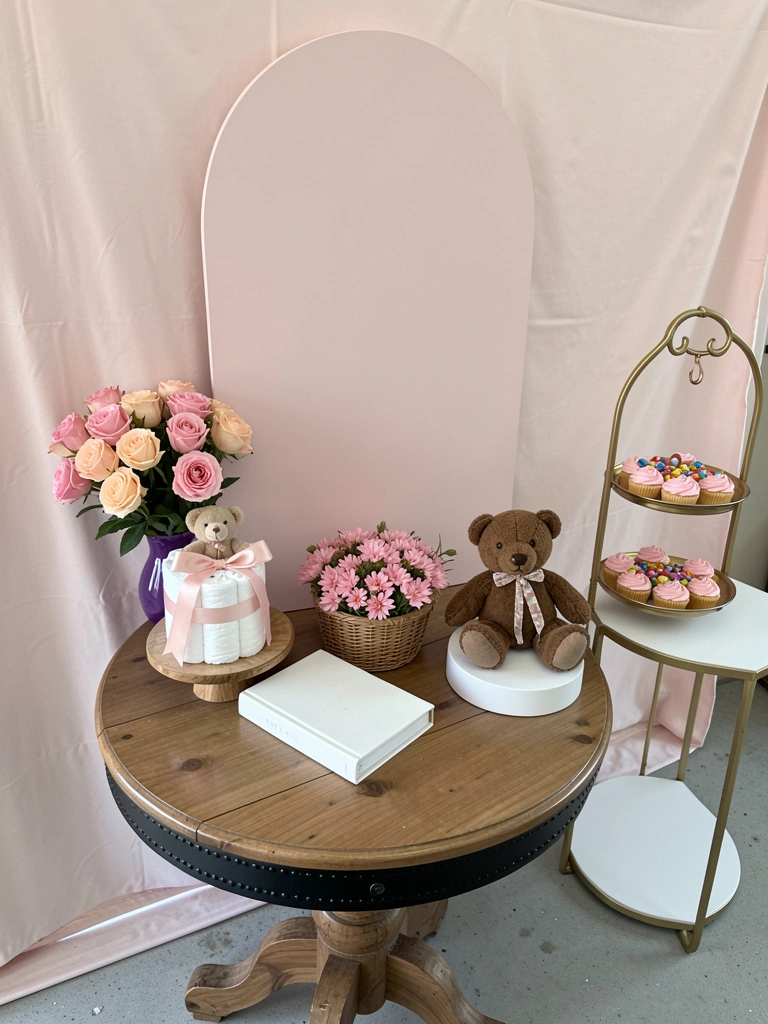 Mesa decorada com bolo de fraldas, doces e centro de mesa artesanal em festa de chá de bebê