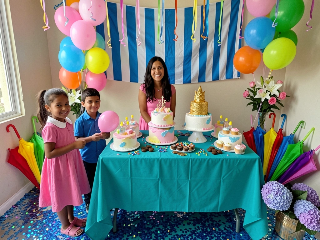 Sala colorida com confetes e serpentinas espalhados pelo chão e móveis