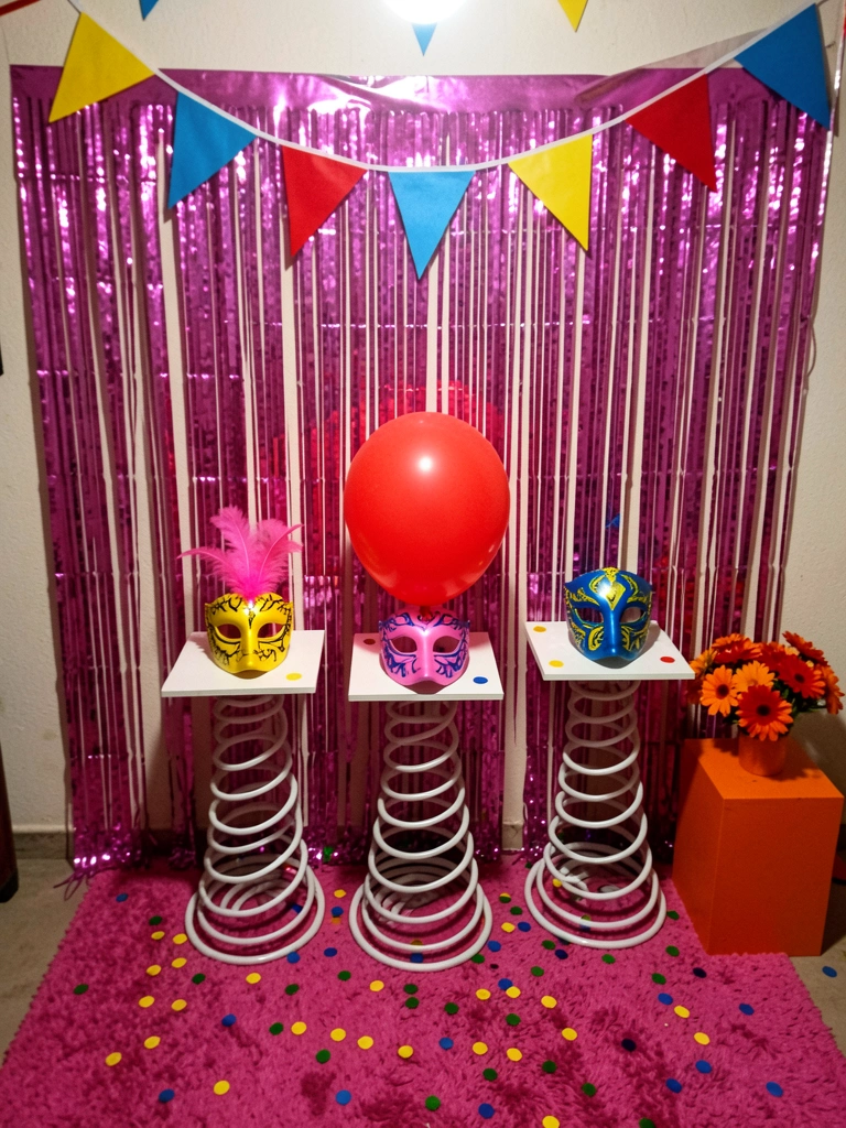 Bandeiras de festa nas cores vermelho, amarelo e azul penduradas ao ar livre.