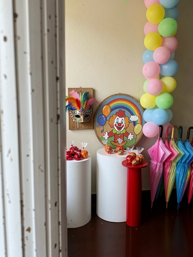 Máscara veneziana decorada com penas coloridas e brilhos sobre fundo escuro