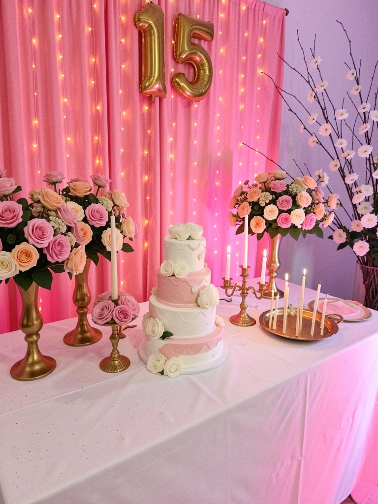 Mesa de bolo com toalha rosa-claro, bolo branco decorado com flores e arranjos florais em tons pastel